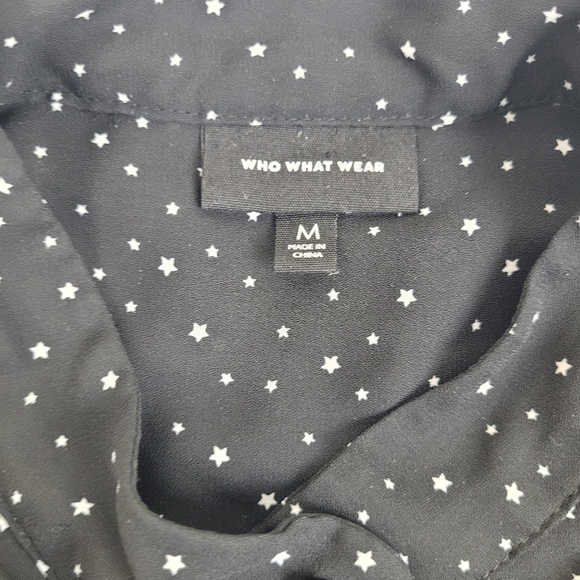 Who What Wear black long sleeve blouse white stars ruffle lace front button up M - Picture 10 of 11